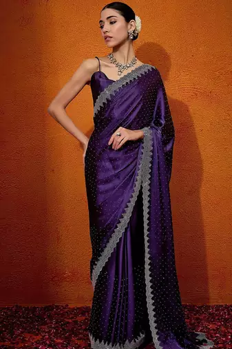 Purple embellished beads and stones satin saree
