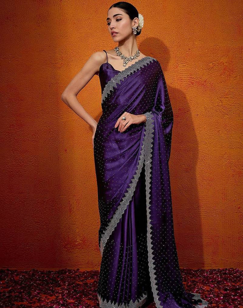 Purple embellished beads and stones satin saree