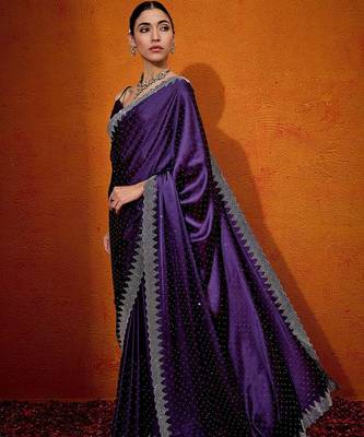 Purple embellished beads and stones satin saree 2
