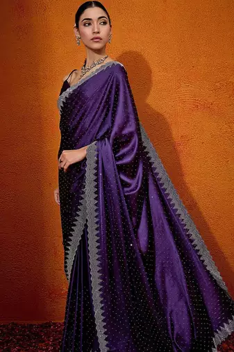 Purple embellished beads and stones satin saree