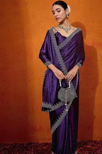 Purple embellished beads and stones satin saree