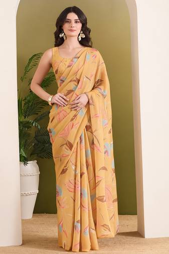 Orange abstract printed pure georgette ready to wear saree