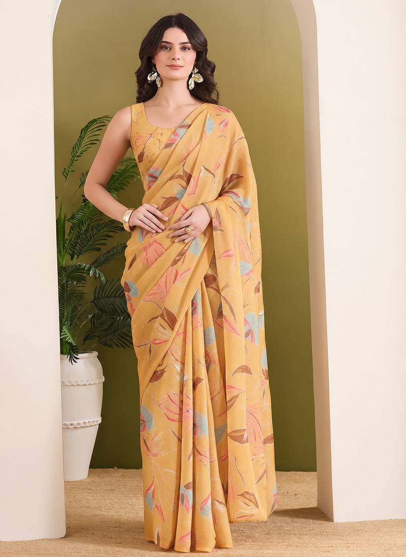 Orange abstract printed pure georgette ready to wear saree