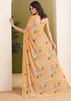 Orange abstract printed pure georgette ready to wear saree 2