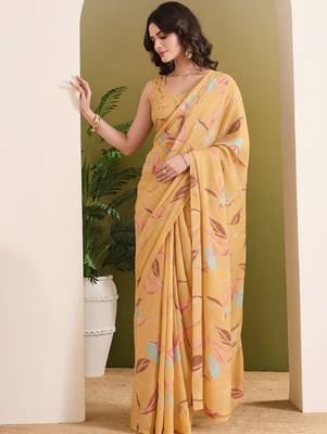 Orange abstract printed pure georgette ready to wear saree 3
