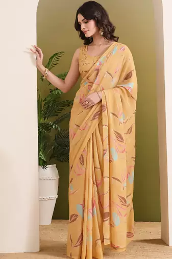 Orange abstract printed pure georgette ready to wear saree
