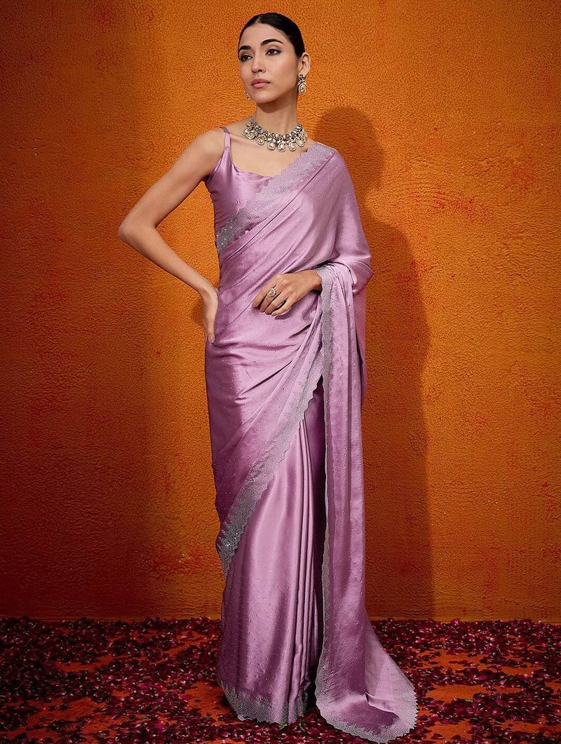 Mauve embellished beads and stones satin saree