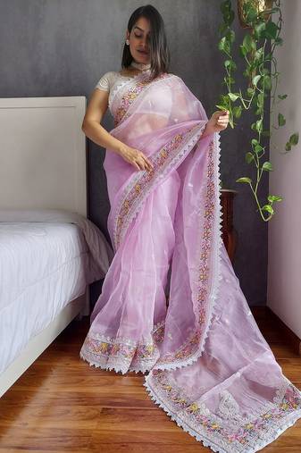 Lavender lavender floral embroidered organza saree