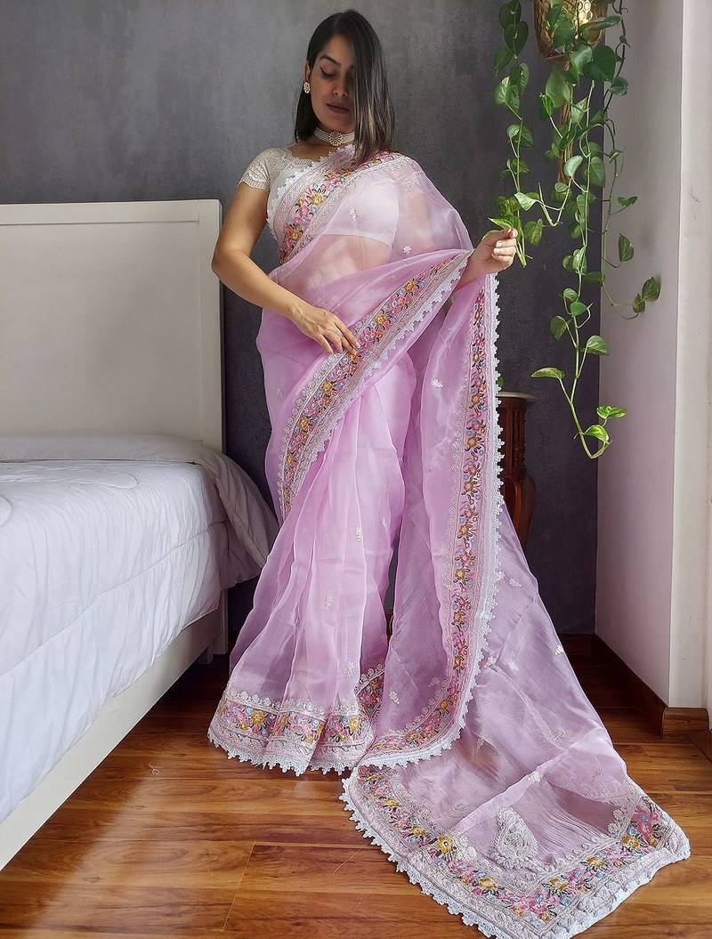 Lavender lavender floral embroidered organza saree
