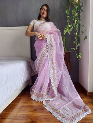 Lavender lavender floral embroidered organza saree 2