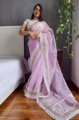 Lavender lavender floral embroidered organza saree