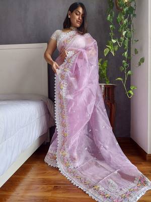 Lavender lavender floral embroidered organza saree 3