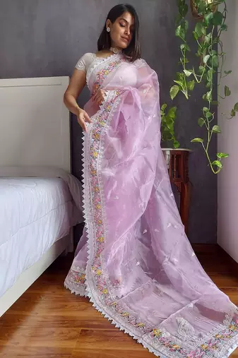 Lavender lavender floral embroidered organza saree