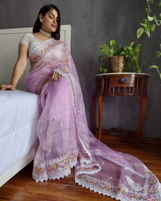 Lavender lavender floral embroidered organza saree 4