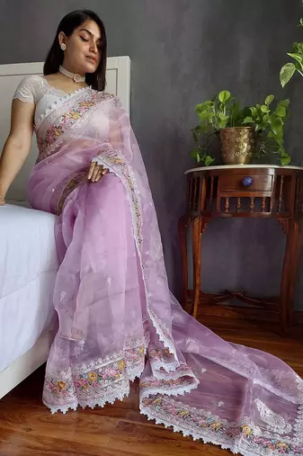 Lavender lavender floral embroidered organza saree