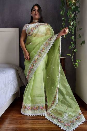 Green floral embroidered organza saree