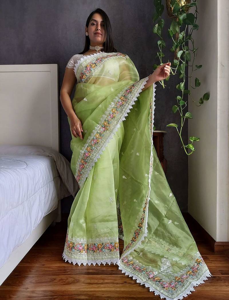 Green floral embroidered organza saree