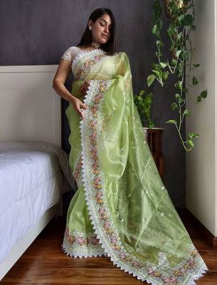 Green floral embroidered organza saree 2