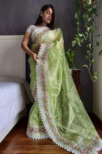 Green floral embroidered organza saree