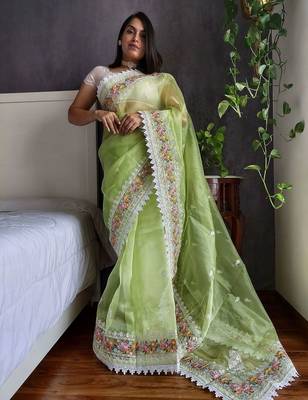 Green floral embroidered organza saree 3