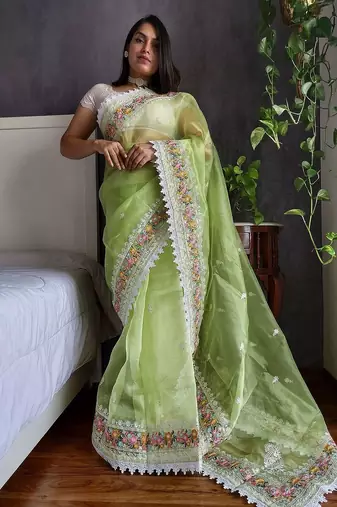 Green floral embroidered organza saree