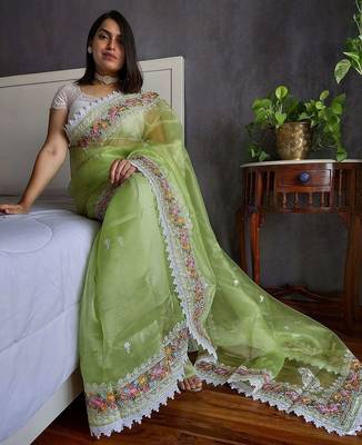 Green floral embroidered organza saree 4