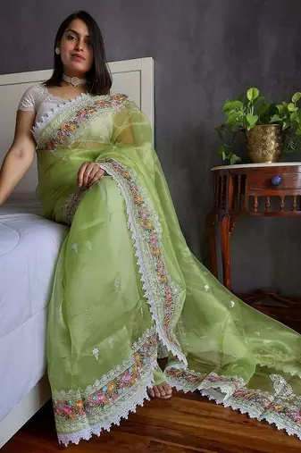 Green floral embroidered organza saree