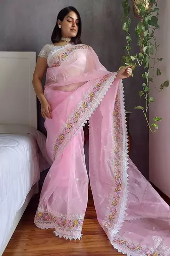 Pink pink & white floral embroidered organza saree