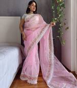 Pink pink & white floral embroidered organza saree