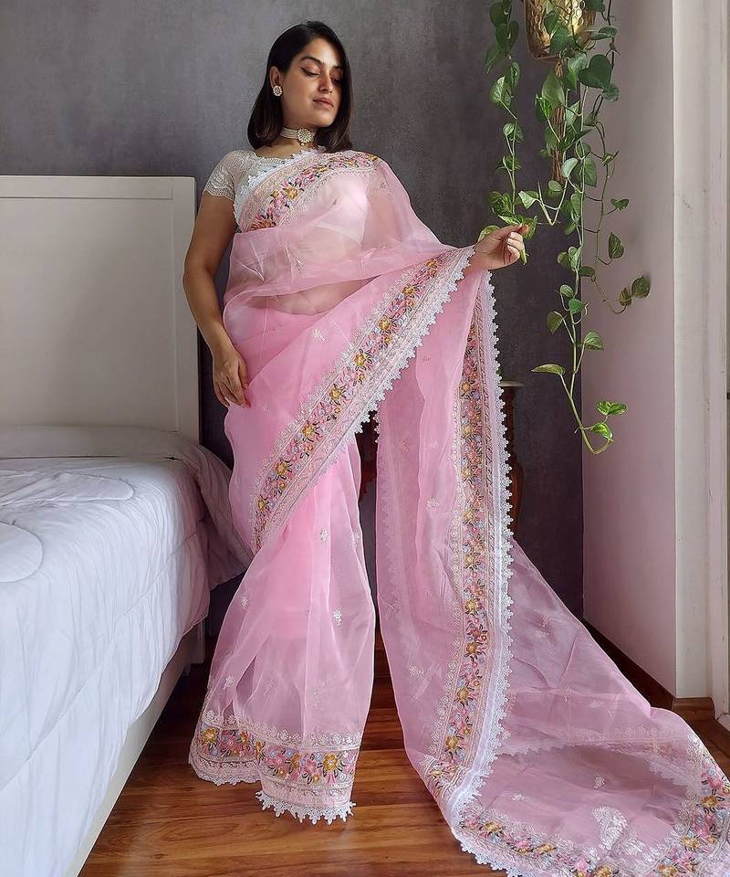 Pink pink & white floral embroidered organza saree
