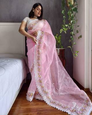 Pink pink & white floral embroidered organza saree 2