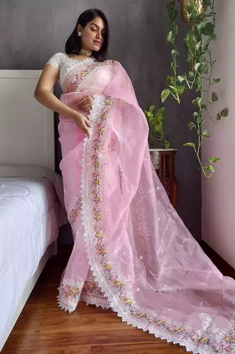 Pink pink & white floral embroidered organza saree