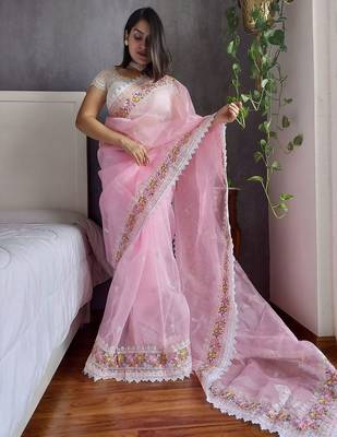 Pink pink & white floral embroidered organza saree 3