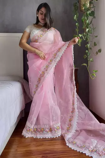 Pink pink & white floral embroidered organza saree