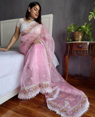 Pink pink & white floral embroidered organza saree 4