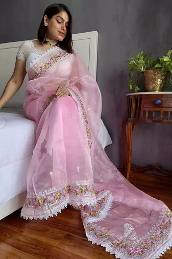 Pink pink & white floral embroidered organza saree