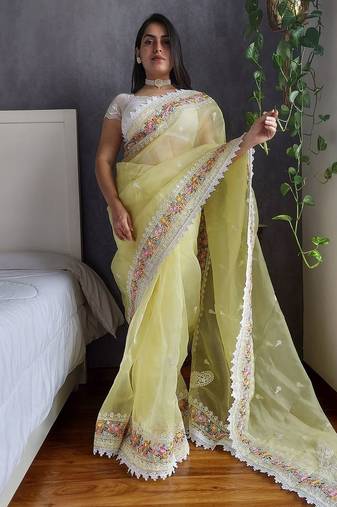 Yellow yellow & white floral embroidered organza saree