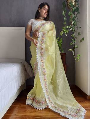 Yellow yellow & white floral embroidered organza saree 2