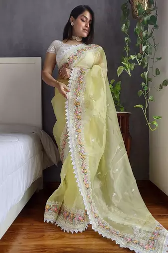 Yellow yellow & white floral embroidered organza saree