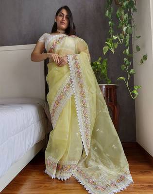 Yellow yellow & white floral embroidered organza saree 3