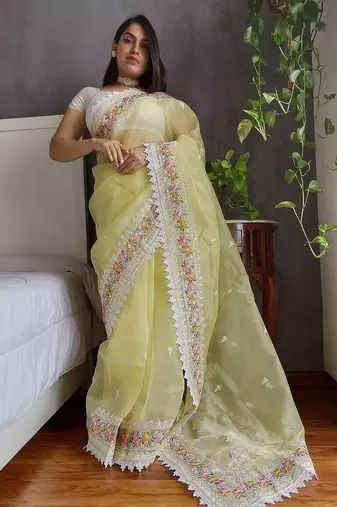 Yellow yellow & white floral embroidered organza saree