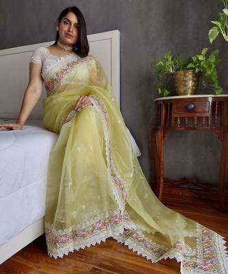 Yellow yellow & white floral embroidered organza saree 4