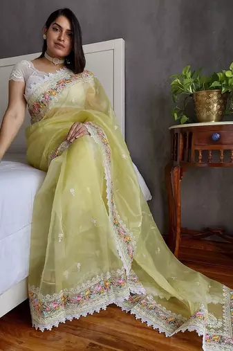 Yellow yellow & white floral embroidered organza saree