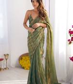 Sea green checked woven design beads and stones  chiffon saree