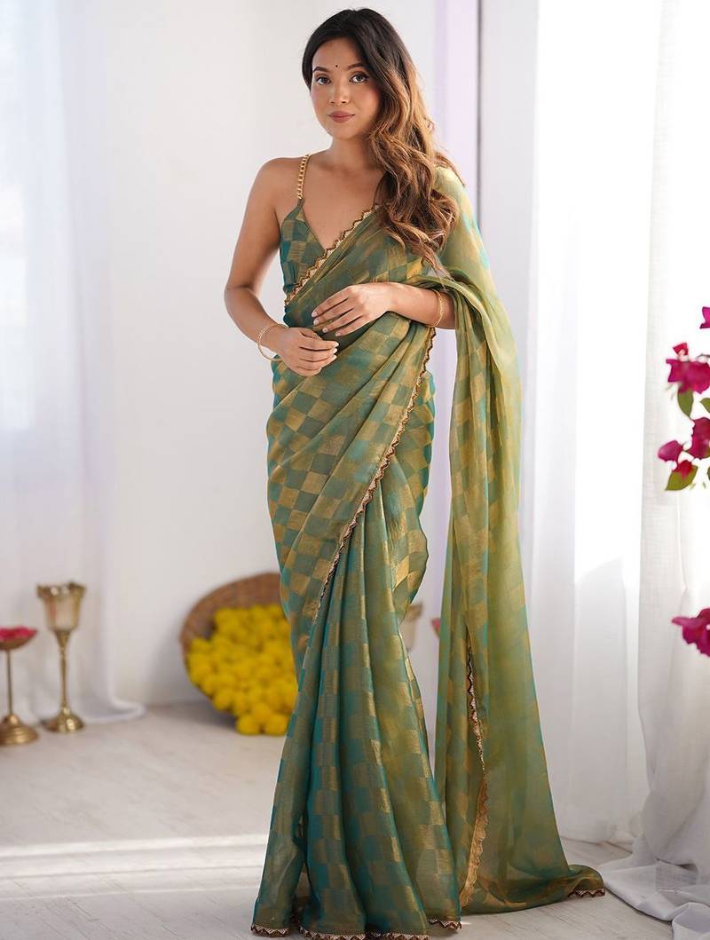 Sea green checked woven design beads and stones  chiffon saree