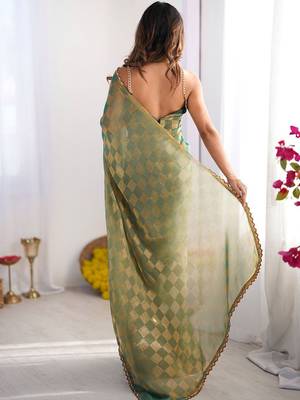 Sea green checked woven design beads and stones  chiffon saree 3