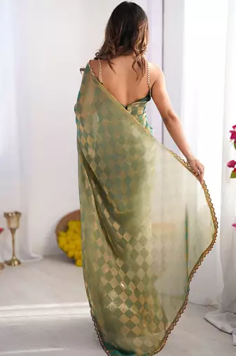 Sea green checked woven design beads and stones  chiffon saree