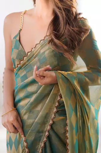 Sea green checked woven design beads and stones  chiffon saree
