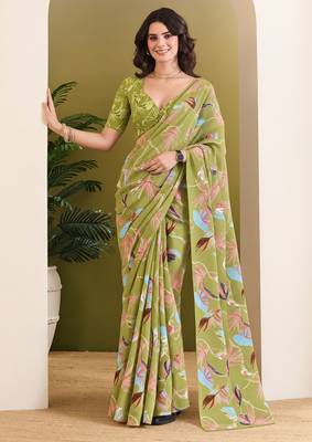 Mehndi green abstract printed pure georgette ready to wear saree 1