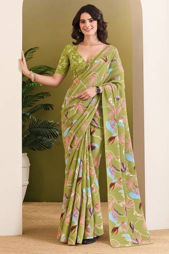 Mehndi green abstract printed pure georgette ready to wear saree